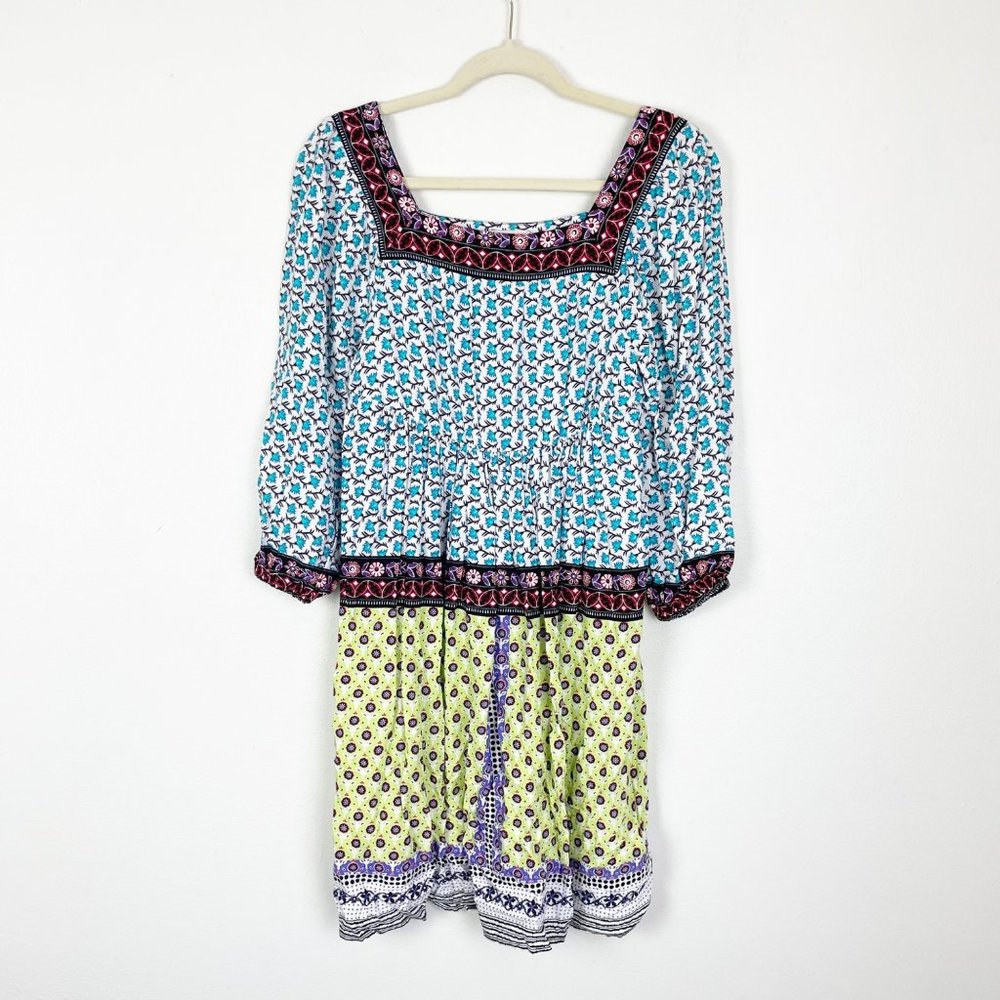 Eci S Blue Green Square Neck Balloon Sleeve Mixed Pattern Bohemian Boho Twee